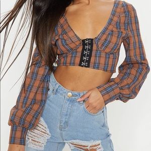 Prettylittlething long sleeve plaid crop top